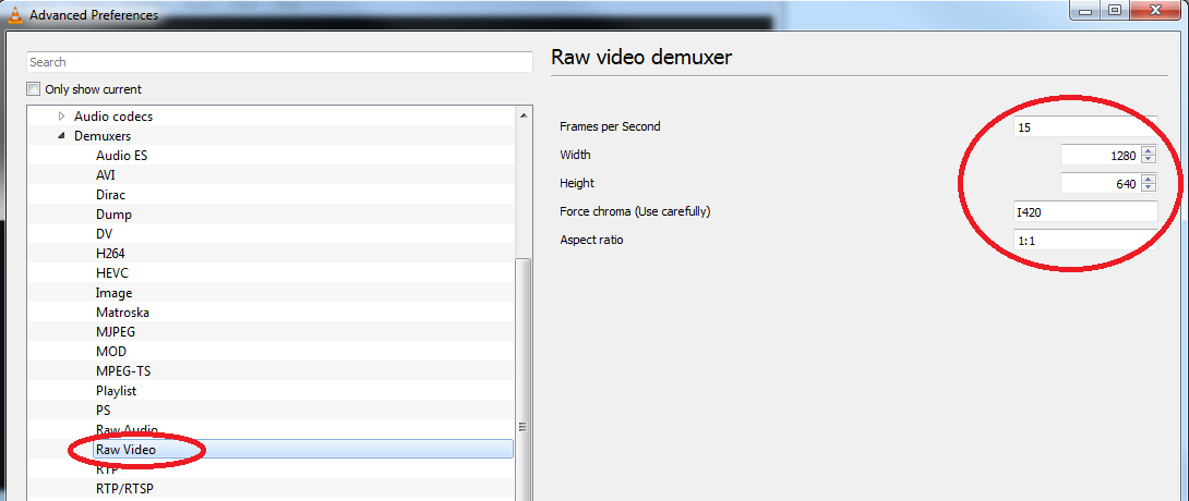 VLC - Preferences Demuxers Raw Video